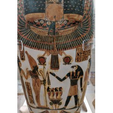 Egyptian painted coffin with gods and winged deity